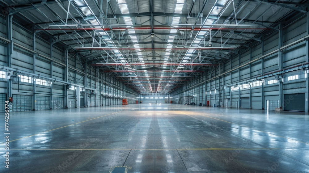 Large hangar warehouse industrial and logistics companies. Warehousing on the floor and called the high shelves