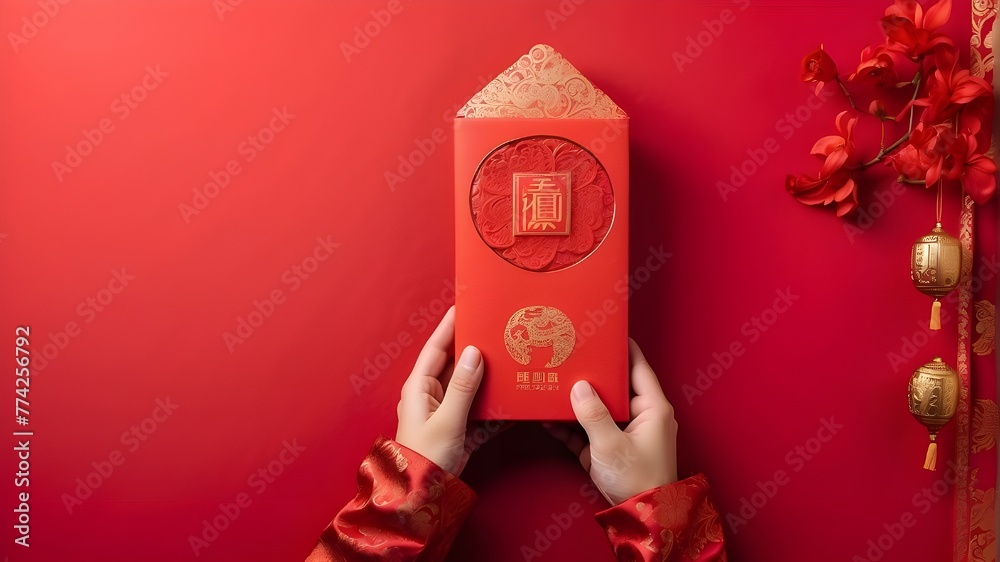 A red background with an isolated red hand clutching a red envelope in a vertical manner. Wedding red packet, Hongbao packet for lucky money gift in Chinese lunar calendar, and new year in January - obrazy, fototapety, plakaty 