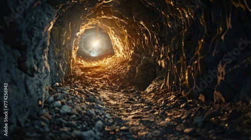 Underground mining, tunnel in the rock. There is a bright light at the end of the tunnel