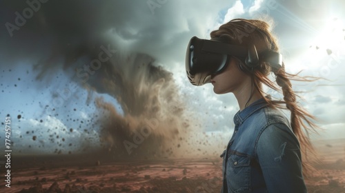 A female is in a virtual fantasy world of close contact with twister funnel when wearing VR headset.