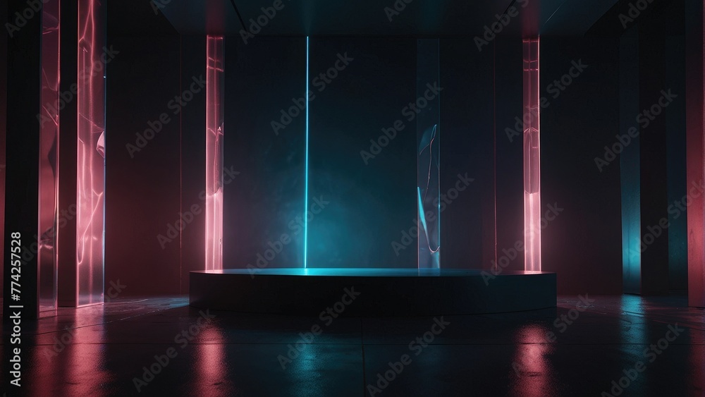 Futuristic Elegance Dark Podium with Glowing Lights and Reflective Surface Background