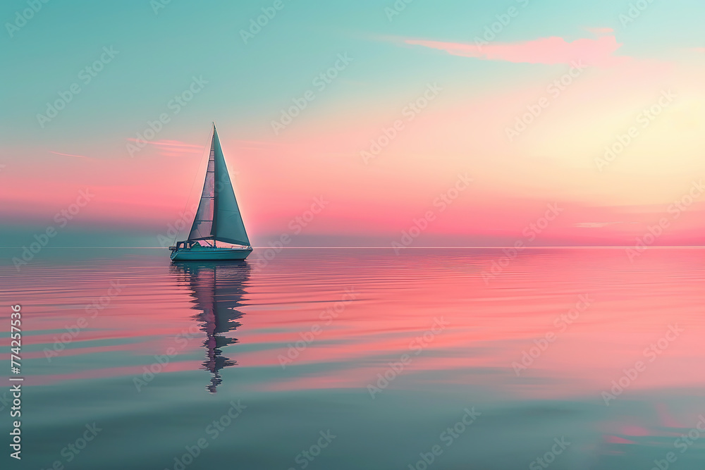 A pastel pink and blue gradient background with sailboat on the sea surface