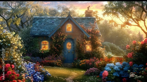 Dreamlike cottage at dusk, blue door matching the serene sky, surrounded by a riot of colorful flowers, suggesting a fairytale setting.