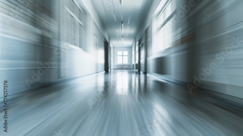 A motion-blurred view of a hospital corridor  evoking a sense of urgency and speed  suitable for healthcare settings  emergency services  or medical dramas.