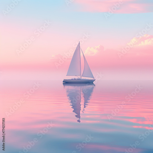 A pastel pink and blue gradient background with sailboat on the sea surface