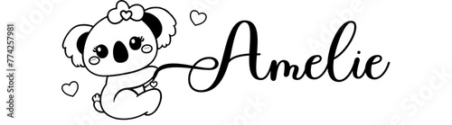 Amelie - black color - name written - Word with Koala kawaii for websites, baby shower, greetings, banners, cards-shirt, sweatshirt, prints, cricut, silhouette, sublimation