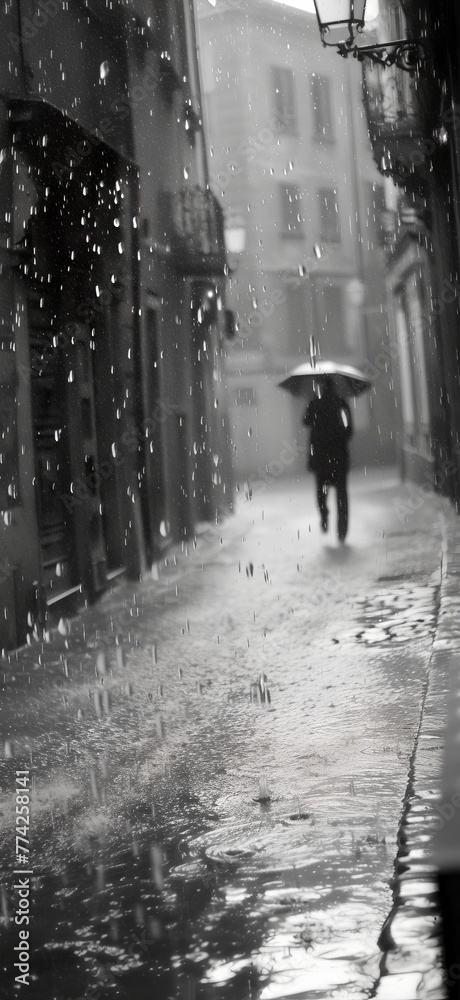 A person is walking down a wet street with an umbrella