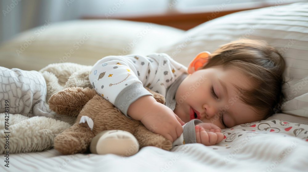 Cute little baby sleeping on bed at home - obrazy, fototapety, plakaty 