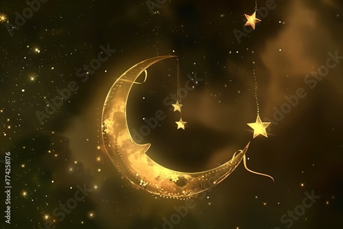 A gold moon with stars hanging from it