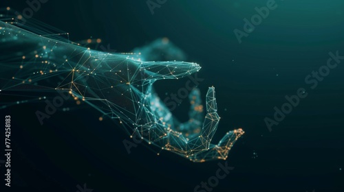 Glowing hologram of human hand 3D structure with dark background.