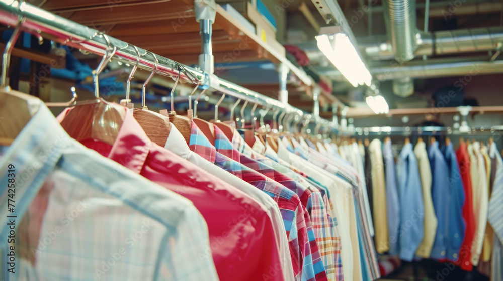 Rack of clean clothes hanging on hangers at dry-cleaning Stock Photo ...