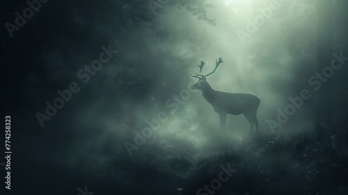 Glowing mysterious animals in misty forest