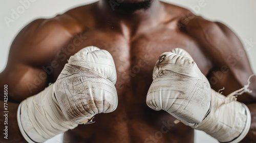 Boxer with aged white gloves in a defensive stance. Close-up studio sports photography. Boxing training concept