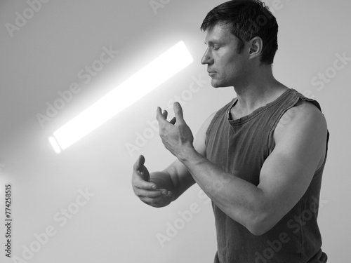 Man practicing Movement Meditation. Black and White photography