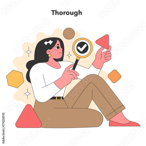 Artistic vector illustration of a person examining details with a magnifying glass, portraying the trait of thoroughness in a charming and colorful style.