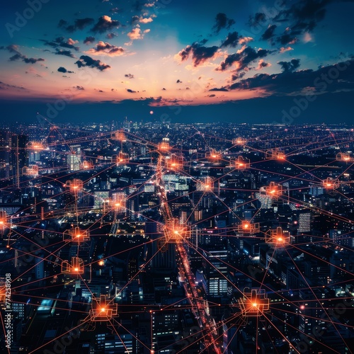 Network nodes and connectivity over urban cityscape at dusk. Smart city and communication network concept