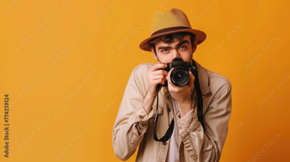 Handsome young photographer on color background Handsome young photographer on color background