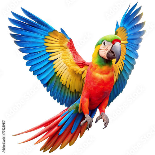Macaw parrot in flight pose, isolated on clear background.