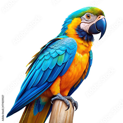 acaw parrot sitting on a log, isolated on a clear background.