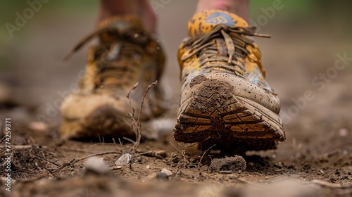 Close-up of dirty hiking boots on a muddy trail. Macro shot with shallow depth of field. © ANStudio