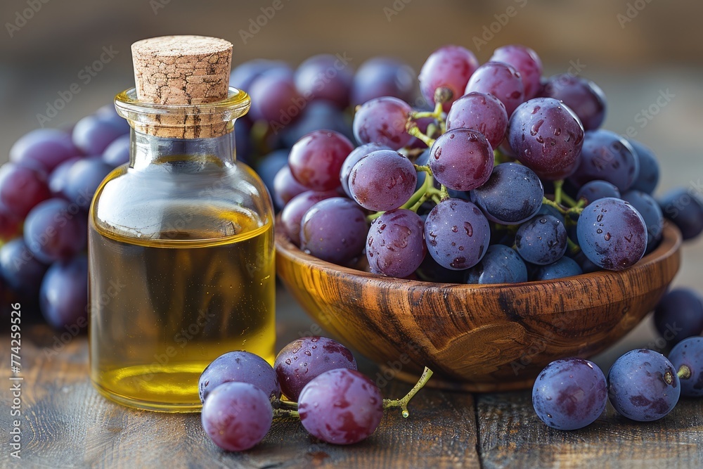 Bottle with grape seed essential oil on a wooden table Bottle with grape seed essential oil on a wooden table