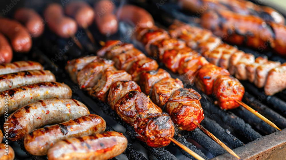 Sausages and meat on a wooden skewers on the grill, close-up