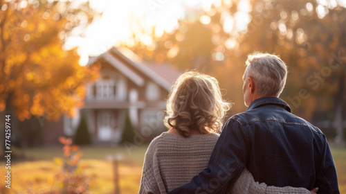 An elderly couple standing in front of a house they are buying, mortgage and real estate concept.