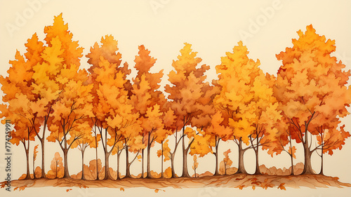 watercolor autumn yellow trees on a white background  a row of autumn trees simple illustration