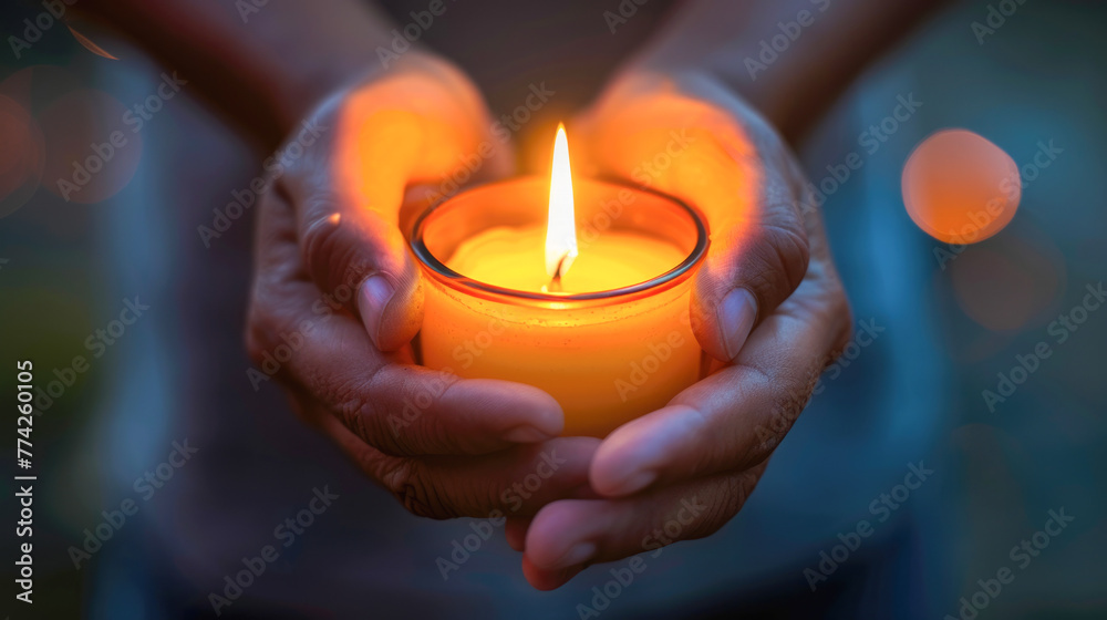 Bright Burning Candle in the Human Hands. Remembrance and Memorial Day Background Bright Burning Candle in the Human Hands. Remembrance and Memorial Day Background