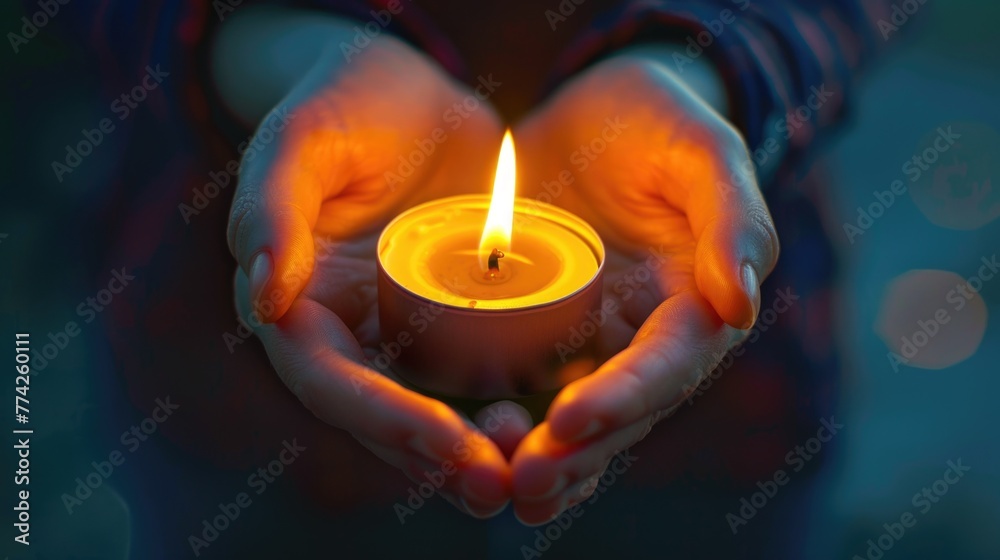 Bright Burning Candle in the Human Hands. Remembrance and Memorial Day Background Bright Burning Candle in the Human Hands. Remembrance and Memorial Day Background