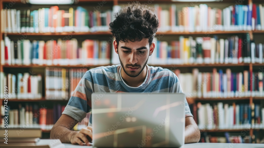Latin American male student using laptop, focused on working on a ...