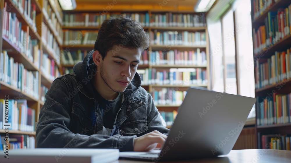 Latin American male student using laptop, focused on working on a ...