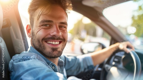 Handsome smiling latin man driving a car. Car sharing concept