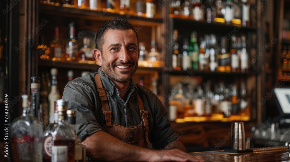 Bartender Serve Whiskey, on wood bar