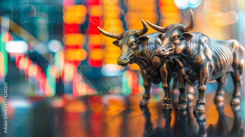 Pair of bull statues with reflective surface on stock market chart background. Financial investment and stock market concept.