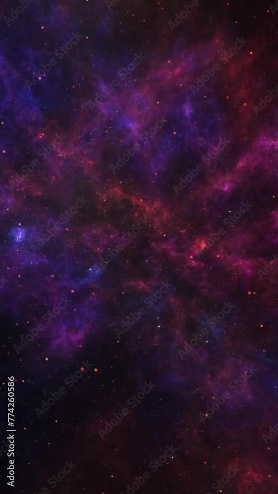 Vertical Purple Cosmos with Glitter Flecks 4K Loop features space clouds in purple, blue, and red hues with reddish orange flecks of metal floating in a vertical ratio. Vertical Purple Cosmos with Glitter Flecks 4K Loop features space clouds in purple, blue, and red hues with reddish orange flecks of metal floating in a vertical ratio.