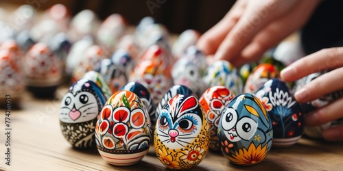 A set of hand-painted Easter eggs with patterns and cartoon faces  presented in a cardboard box. Concept  Easter and crafts  decoration and spring holidays  home crafts