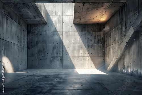 Concrete space with no doors visible, light filtering into the hall from above.