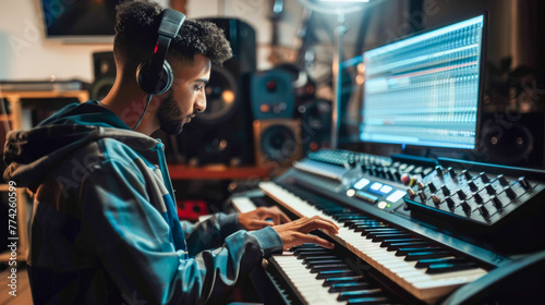 Young arab man musician playing piano keyboard at music studio