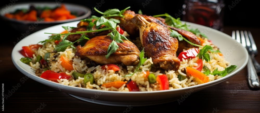 A delicious plate with flavorful chicken and fluffy rice as the main culinary attraction, perfect for a satisfying meal