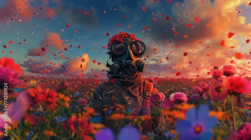 A person wearing gas mask protection against pollen in allergy season