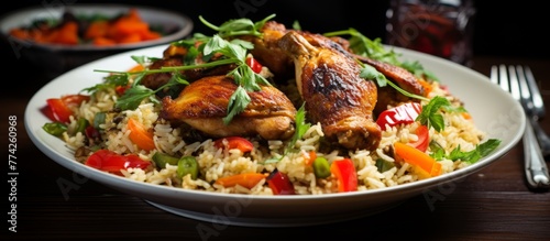 A delicious plate with flavorful chicken and fluffy rice as the main culinary attraction, perfect for a satisfying meal