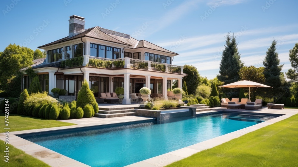 Obraz premium Mediterranean inspired villa with a sprawling garden and a private beach access in the exclusive Hamptons, New York