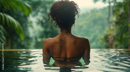A woman is standing in an infinity pool overlooking a rainforest.