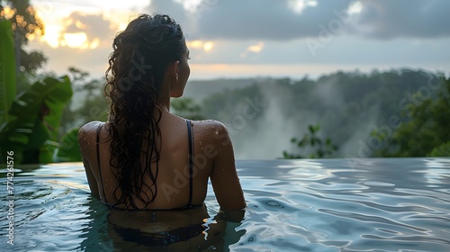 A woman is standing in an infinity pool overlooking a rainforest. © @ArtUmbre