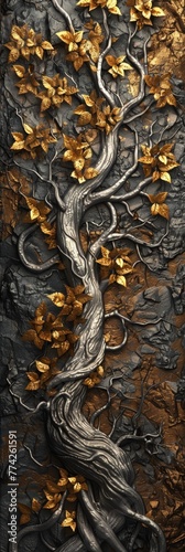 Wood and precious metals with parts of the trees transitioning from organic to golden and silver textures blending medieval mysticism with natural beauty created with Generative AI Technology