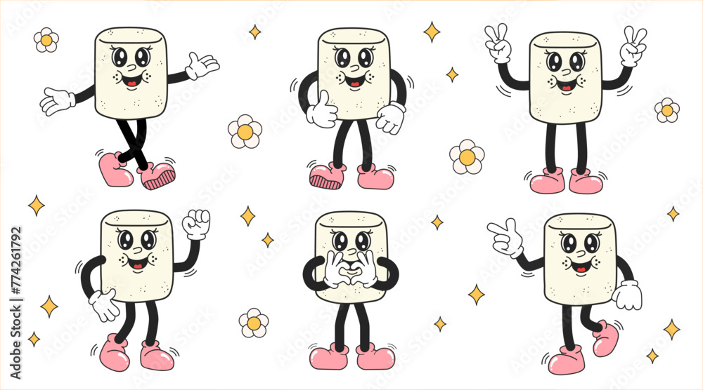 Marshmallow characters in trendy groovy style. Set of marshmallow characters in retro style. Funny vector mascot. Vector illustration isolated on white background. 1970s hippy character. Marshmallow characters in trendy groovy style. Set of marshmallow characters in retro style. Funny vector mascot. Vector illustration isolated on white background. 1970s hippy character.