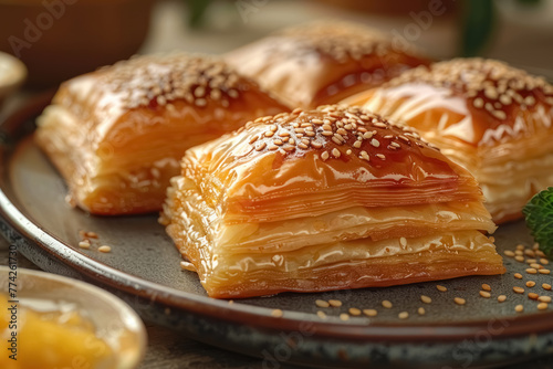golden layered baklava pastries sprinkled with sesame seeds on a rustic plate, close-up view