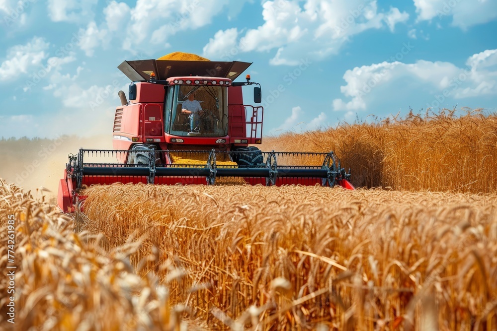 Obraz premium Amidst a vast golden wheat field, a modern harvester machine busily reaps crops under the bright, sunny sky symbolizing harvest season and agriculture productivity