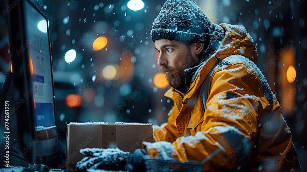 Delivery man with boxes in front of computer screen. Express delivery. Online shopping, order tracking or delivery app. Delivery man with boxes in front of computer screen. Express delivery. Online shopping, order tracking or delivery app.